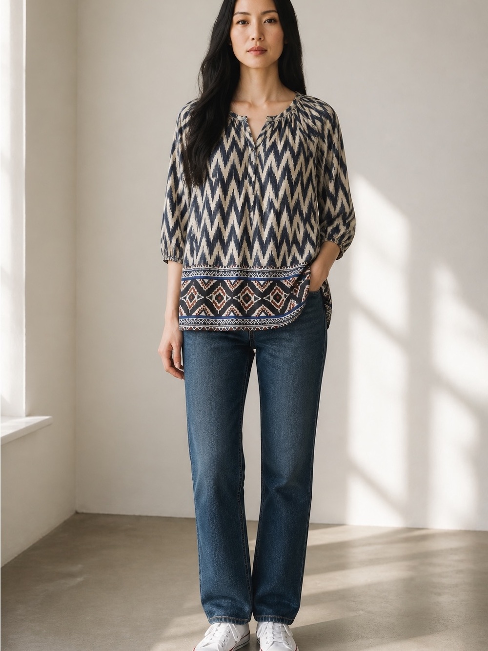 Boho Chevron Print Peasant Blouse in Navy and Cream